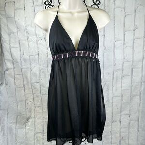 Van Raalte Vintage Halter Negligee Black Sheer Side Tie Banded Empire Waist